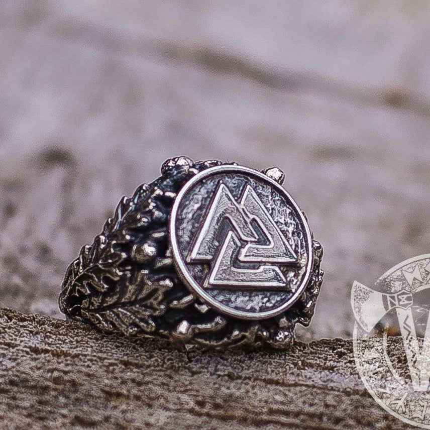 Valknut Ring with Oak Leaves and Acorns Sterling Silver Viking Ring - VikingsBrand