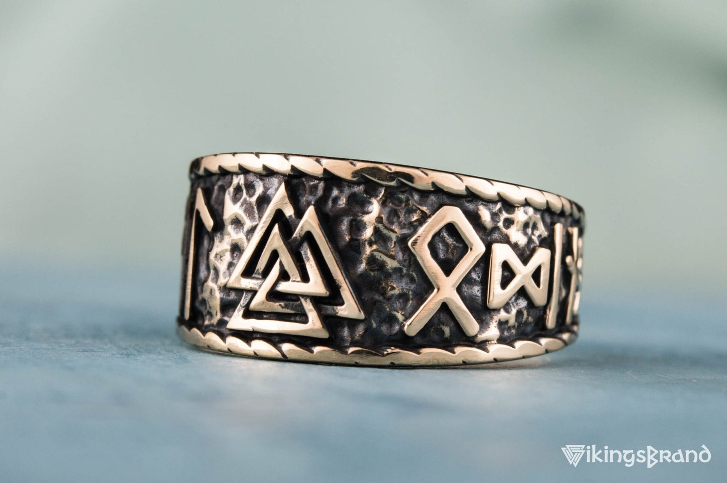 Valknut Viking Symbol With HAIL ODIN Runes Bronze Pagan Ring