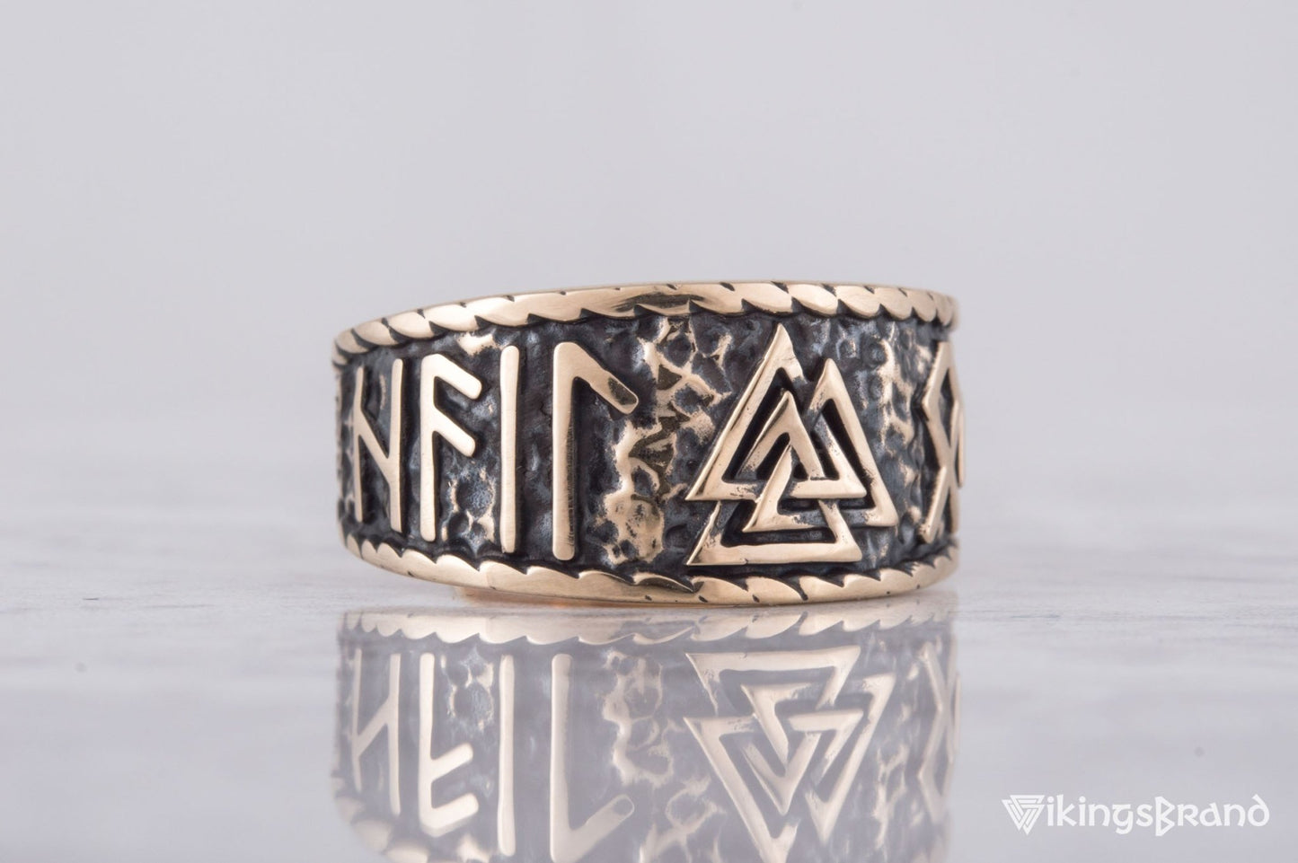 Valknut Viking Symbol With HAIL ODIN Runes Bronze Pagan Ring