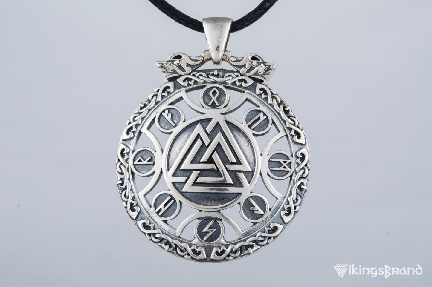 Valknut Vikings Symbol Pendant with Viking Runes Ornament Sterling Silver Jewelry
