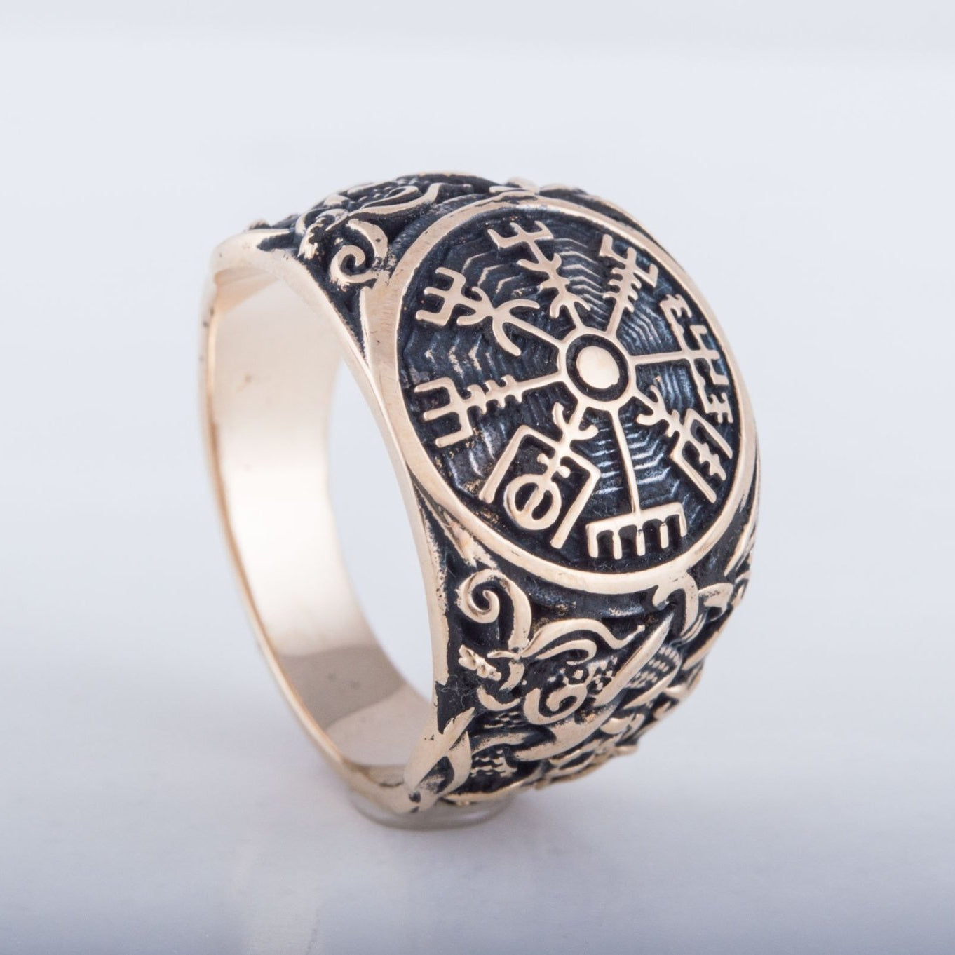 Vegvisir Symbol with Mammen Style Handcrafted Bronze Viking Ring