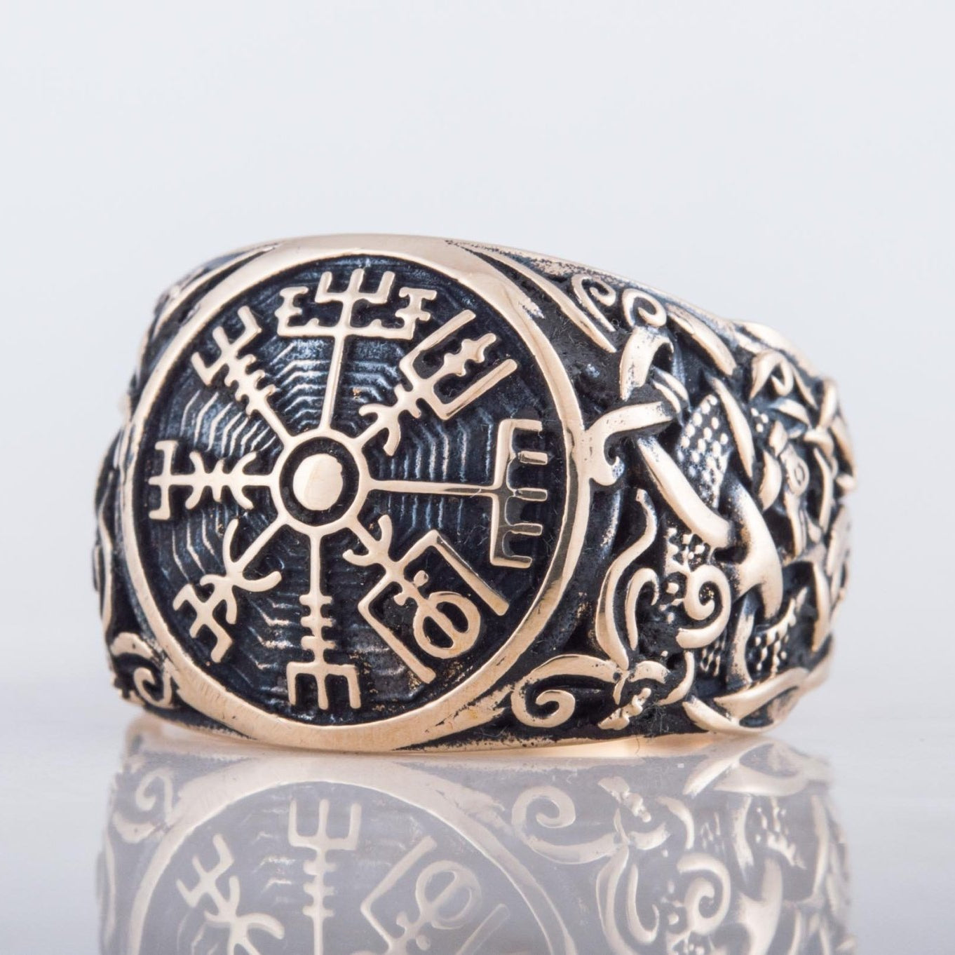 Vegvisir Symbol with Mammen Style Handcrafted Bronze Viking Ring