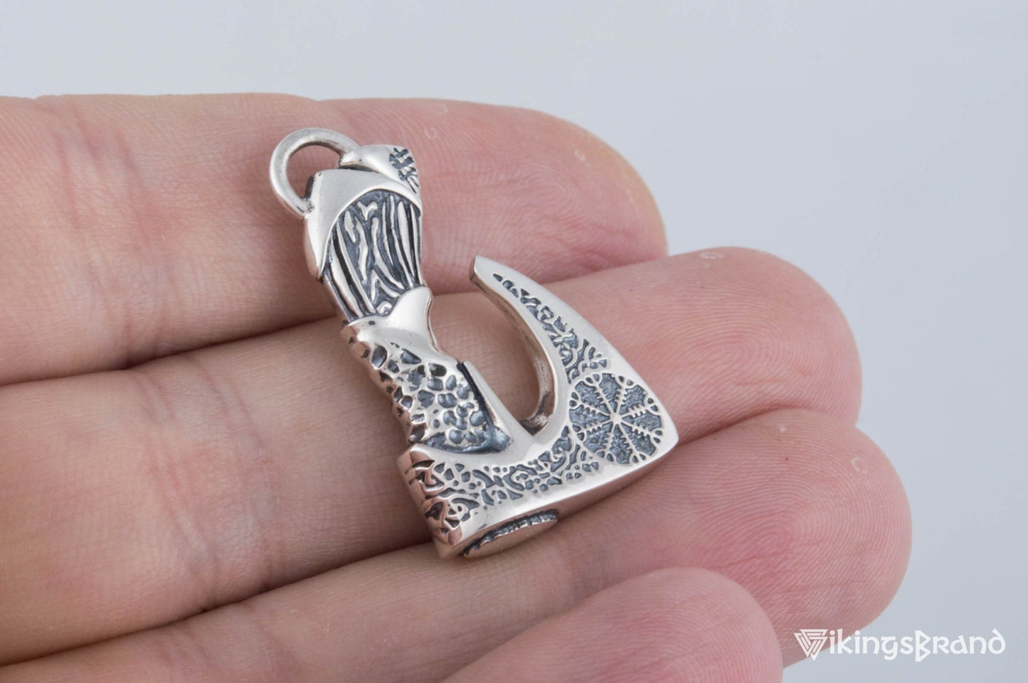 Viking Axe Pendant with Helm of Awe Viking Symbol and Norse Ornament Sterling Silver Viking Jewelry