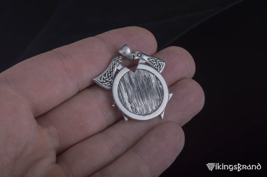 Crossed Viking Axes and Shield Pendant, Sterling Silver
