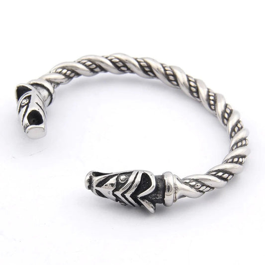 viking wolf head arm ring in stainless steel – view 2