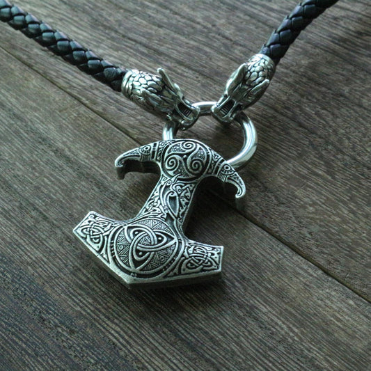 Viking Dragon Head Necklace with Thor's Hammer Pendant - VikingsBrand
