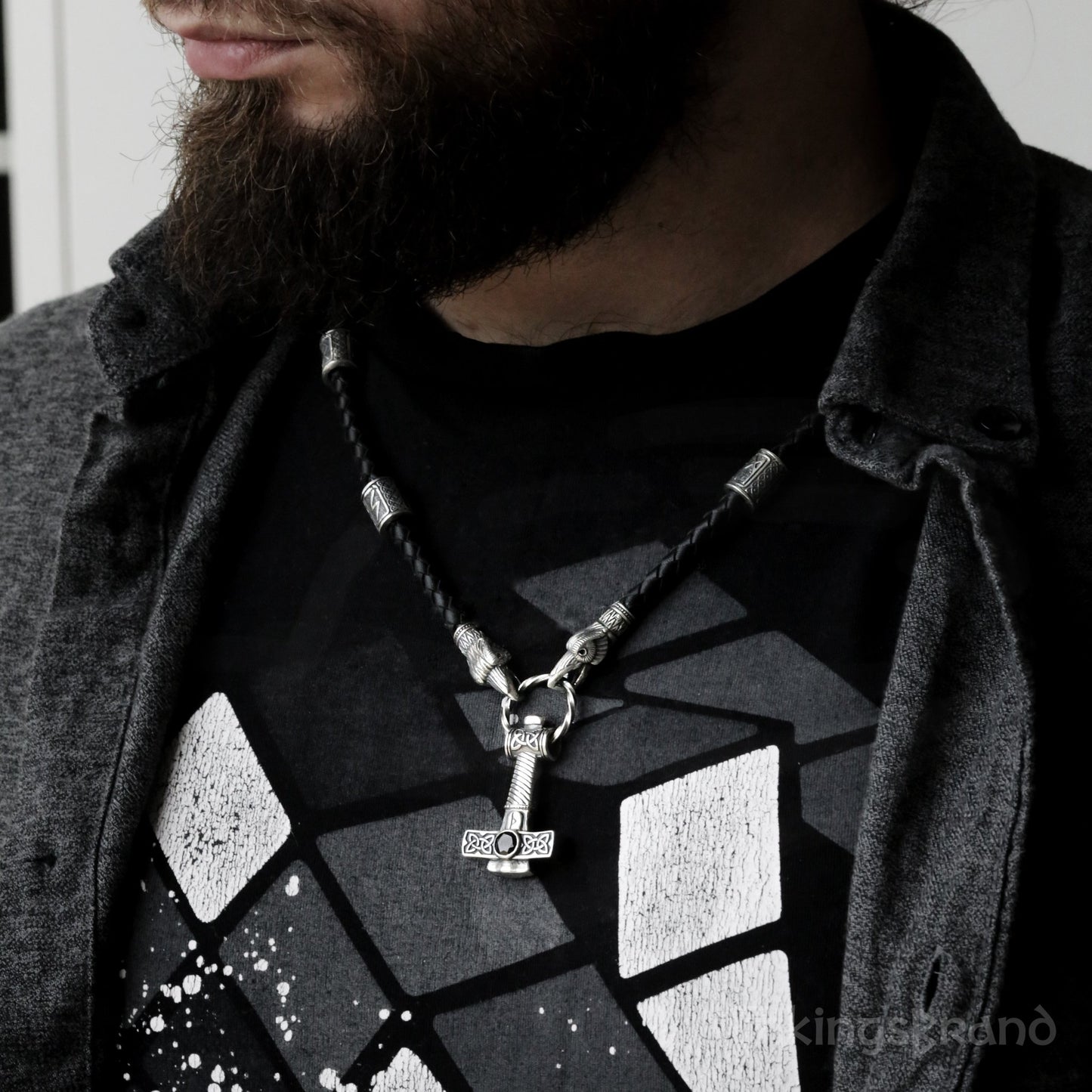 Viking Genuine Leather Ravens Necklace with 925 Silver Mjolnir & Black Agate