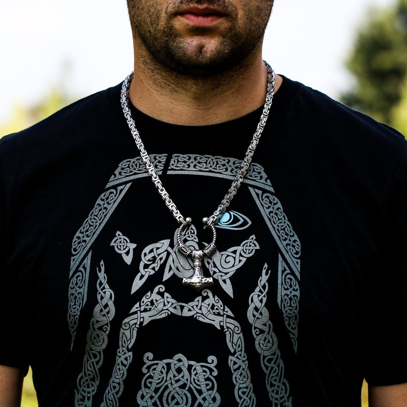 Viking King Chain Necklace with Mjolnir and Two Runic Beads - VikingsBrand