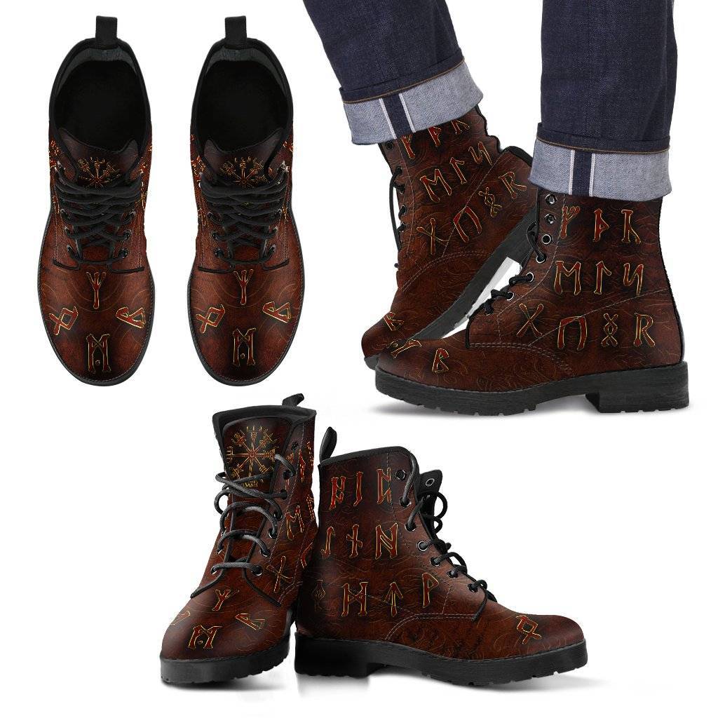 Viking Men's Leather Boots With Runes and Vegvisir - VikingsBrand