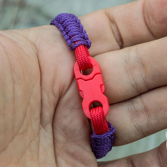 Viking paracord survival bracelet in purple and red – view 2