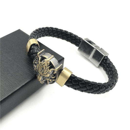 viking wolf head bracelet in alloy and leather – view 2