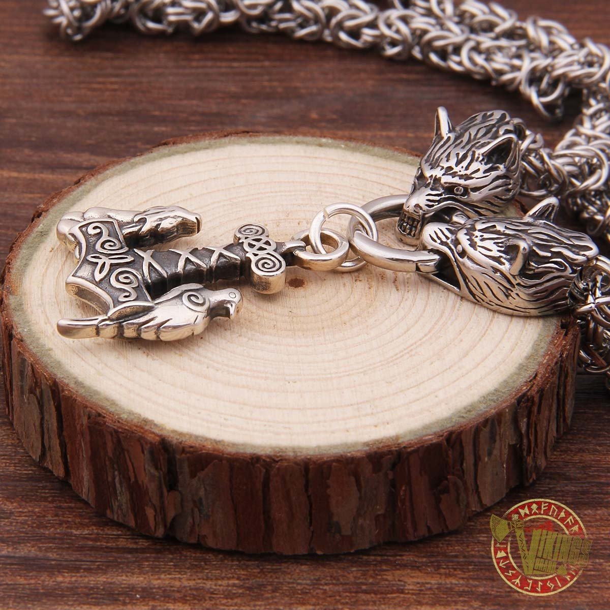 Viking Wolf Head Necklace with 925 Sterling Silver Wolf & Raven Mjolnir - VikingsBrand