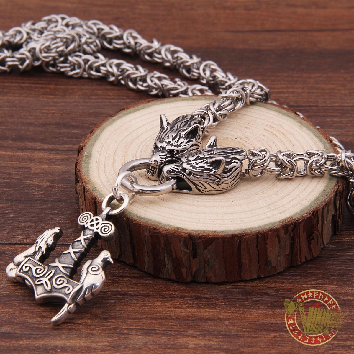 Viking Wolf Head Necklace with 925 Sterling Silver Wolf & Raven Mjolnir - VikingsBrand
