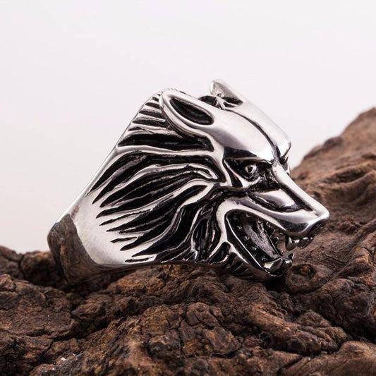 Viking wolf head stainless steel ring – view 2