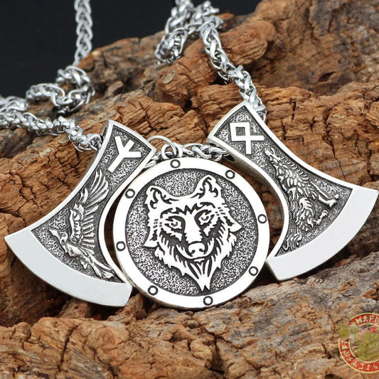 Viking wolf and raven runic necklace – view 2