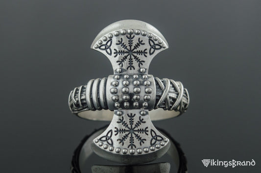 Viking axe ring with Helm of Awe in 925 sterling silver – view 2