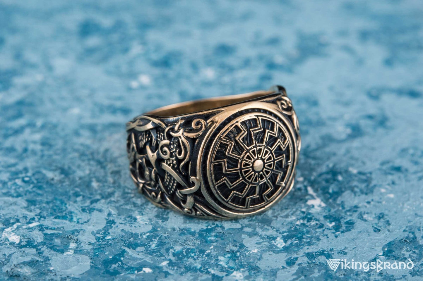 Vikings Black Sun Ring with Mammen Ornament Bronze Viking Jewelry
