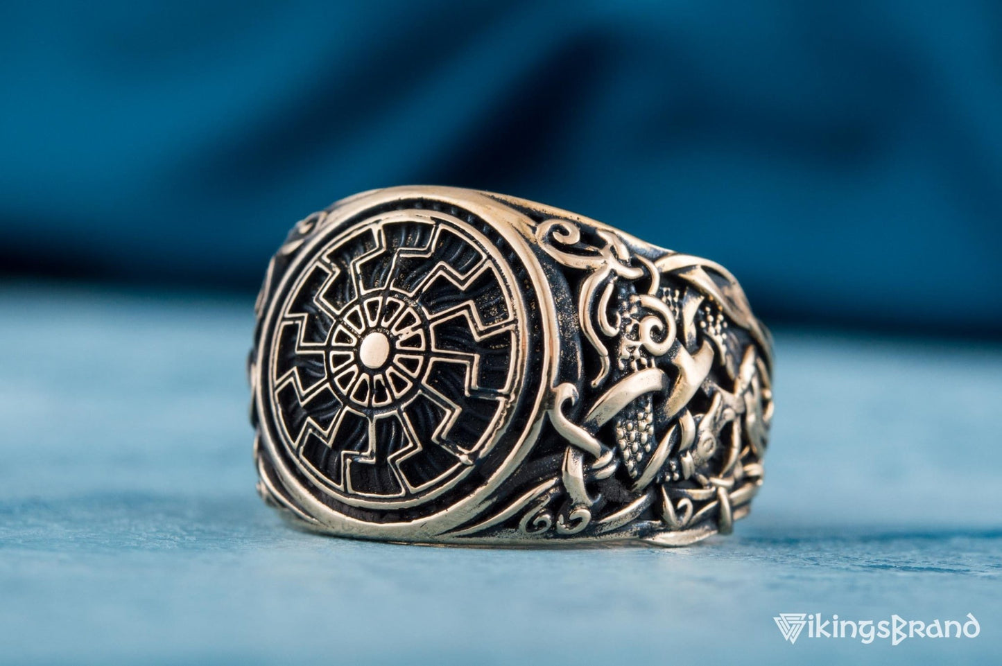 Vikings Black Sun Ring with Mammen Ornament Bronze Viking Jewelry