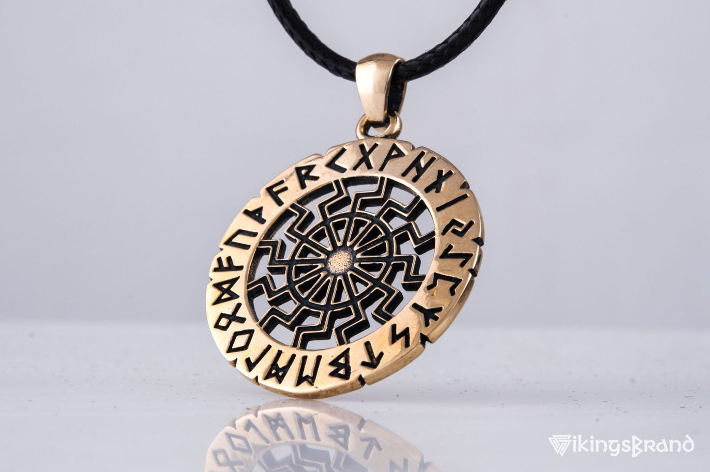 Vikings Black Sun Symbol with Elder Futhark Runes Bronze Pendant