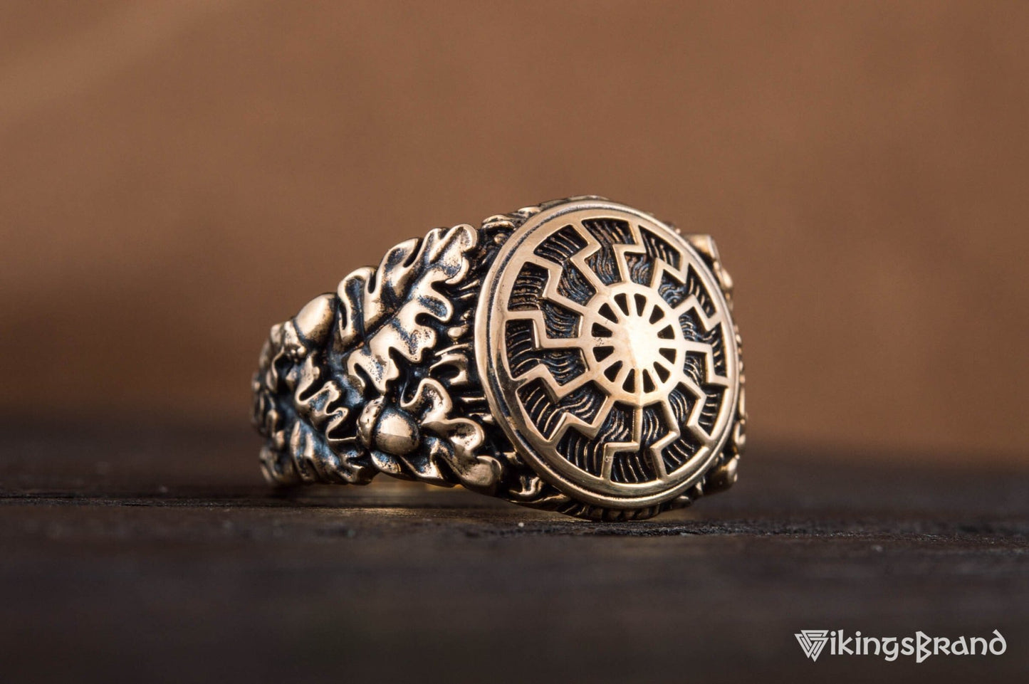 Vikings Black Sun Symbol with Oak Leaves and Acorns Bronze Norse Ring