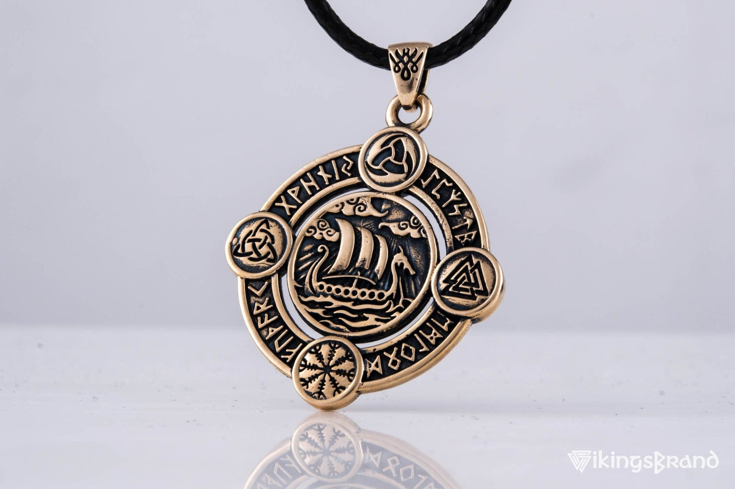 Vikings Drakkar Pendant with Norse Symbols Bronze Viking Jewelry