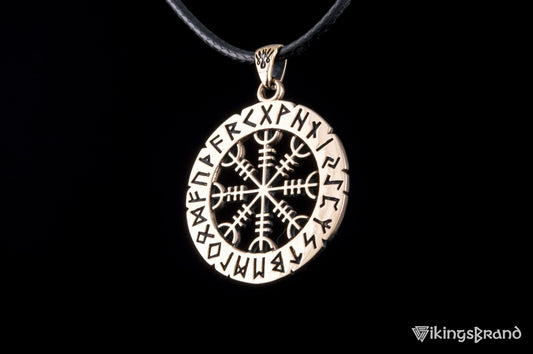 Helm of Awe Pendant with Elder Futhark Runes – Bronze & Silver