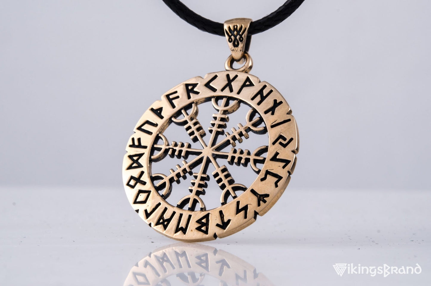 Vikings Helm of Awe Symbol with Elder Futhark Runes Bronze Pendant