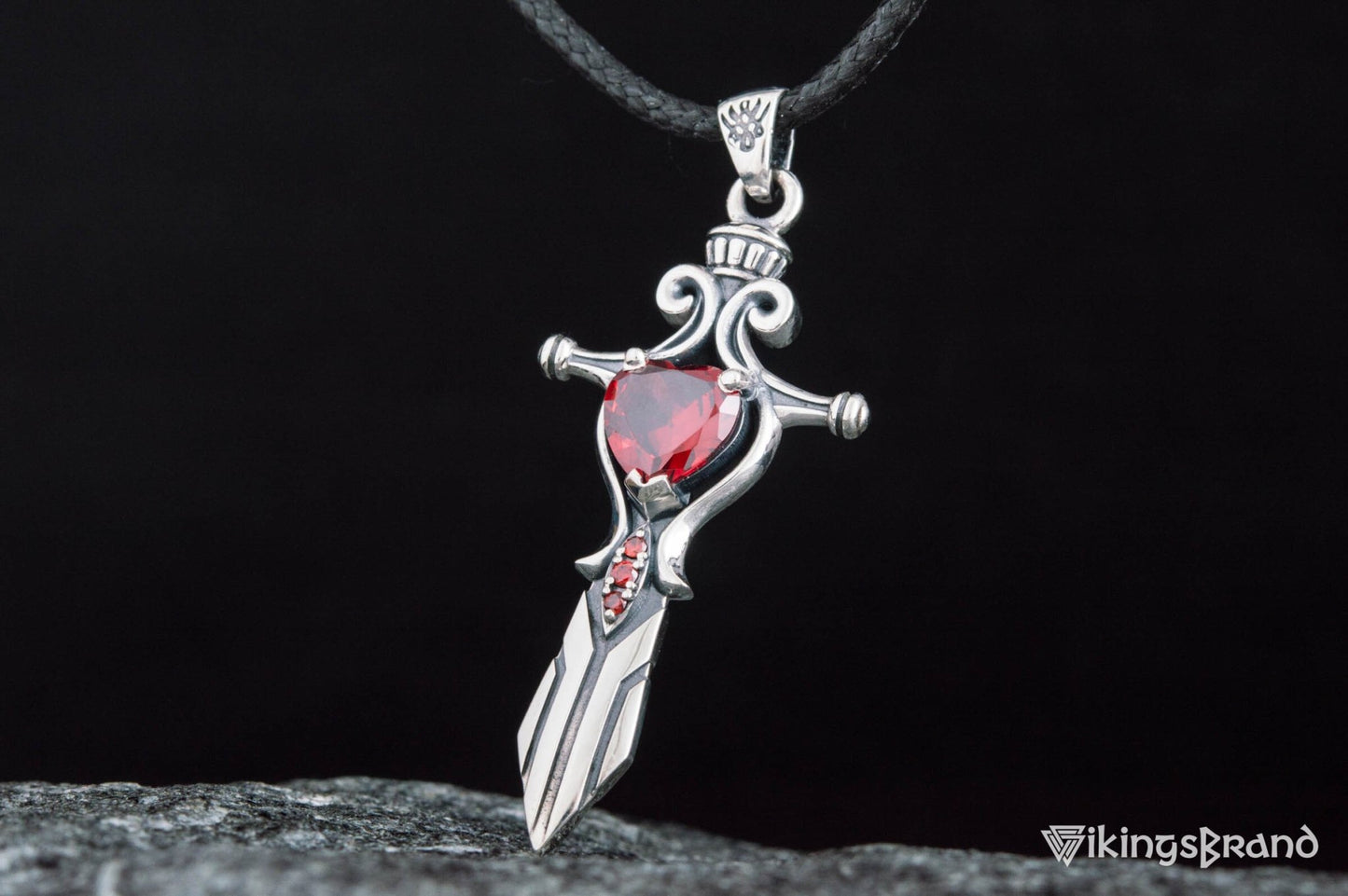 Vikings Norse Sword with Red Cubic Zirconia Pendant Sterling Silver Handmade Jewelry