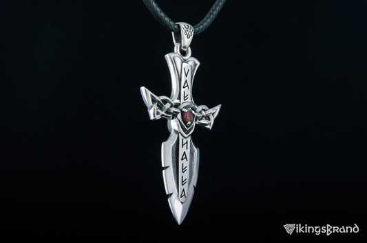 Sterling Silver Norse Sword Pendant with Runes and Cubic Zirconia