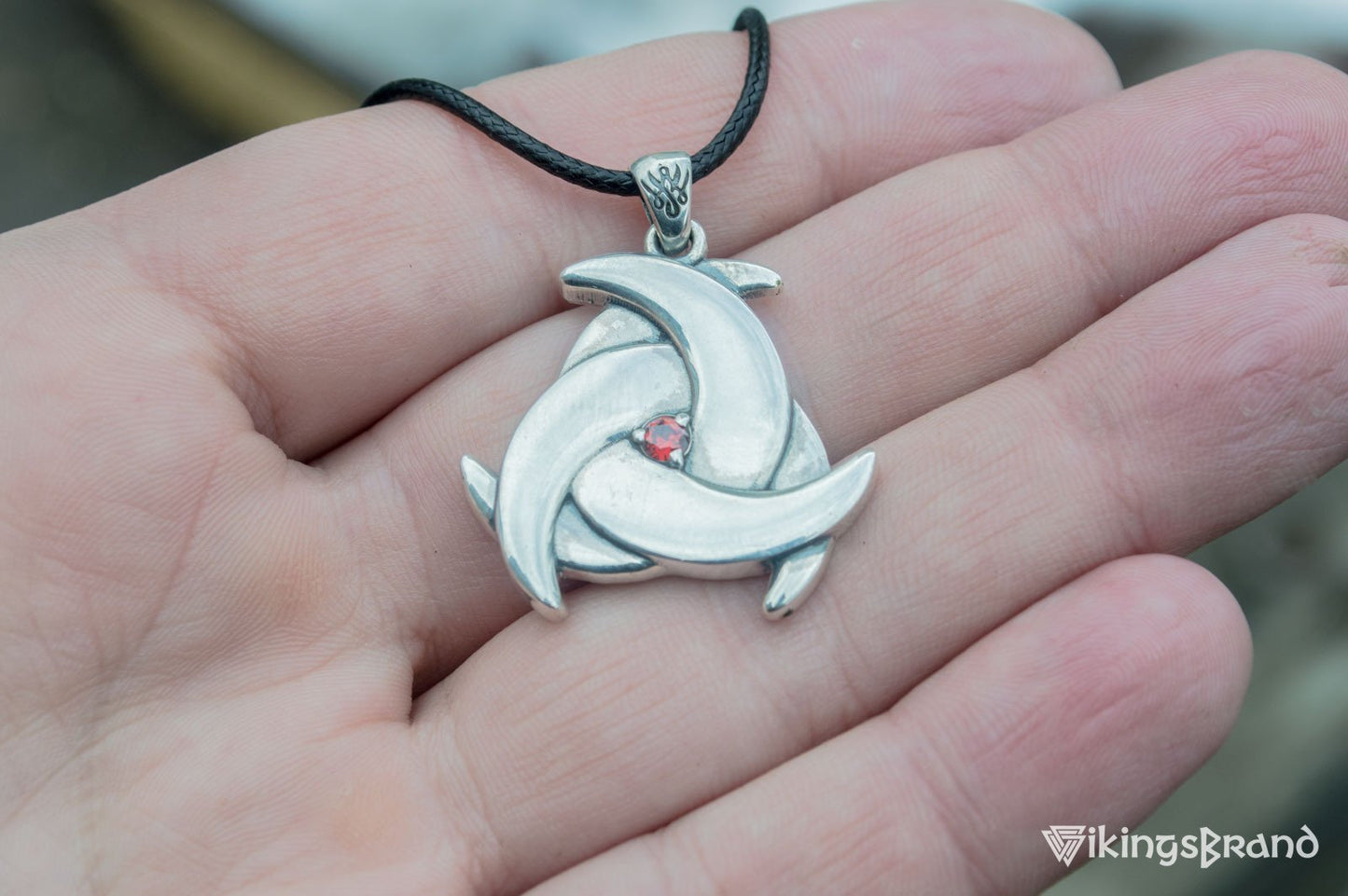 Vikings Odin Horn with Red Cubic Zirconia Pendant Sterling Silver Unique Jewelry