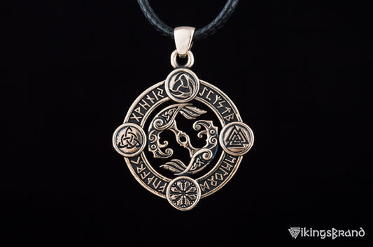 Odin Raven Pendant with Norse Symbols, Bronze or Sterling Silver