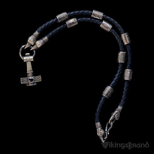 Ravens leather necklace with bronze Mjolnir – view 2