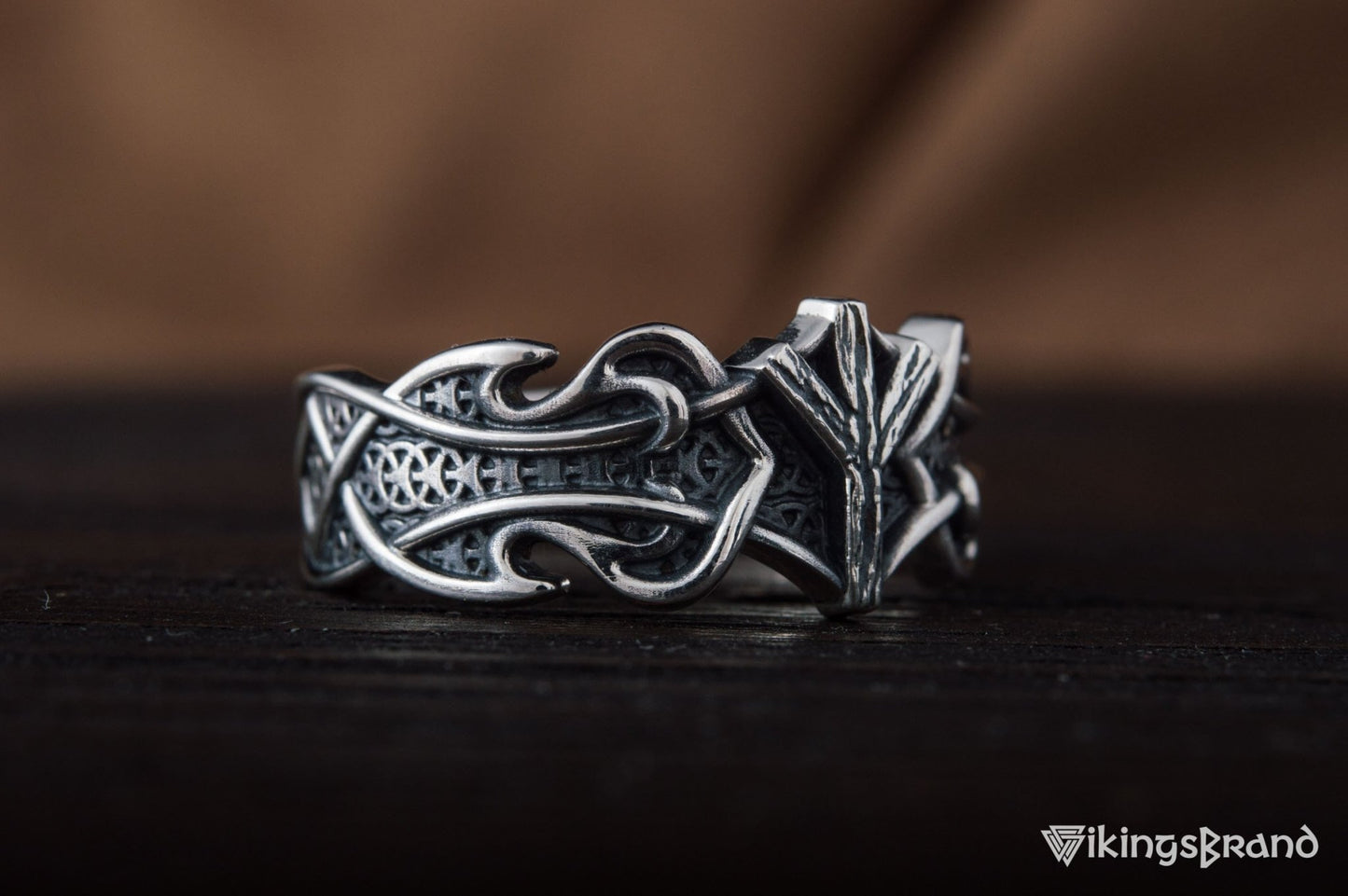 Vikings Ring with Algiz Rune and Norse Ornament Sterling Silver Viking Jewelry