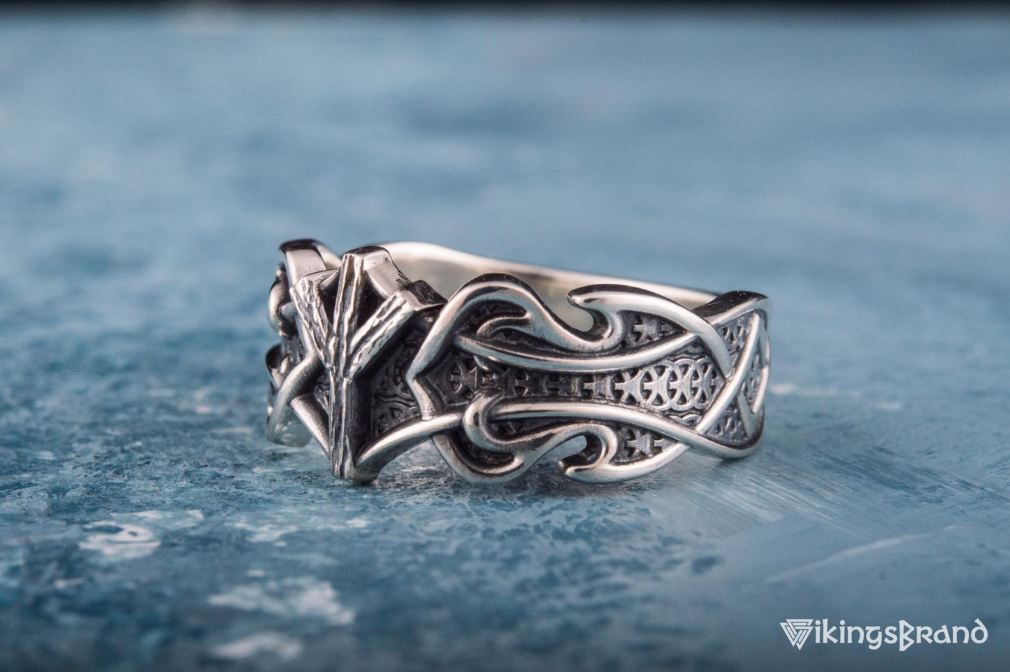 Vikings Ring with Algiz Rune and Norse Ornament Sterling Silver Viking Jewelry