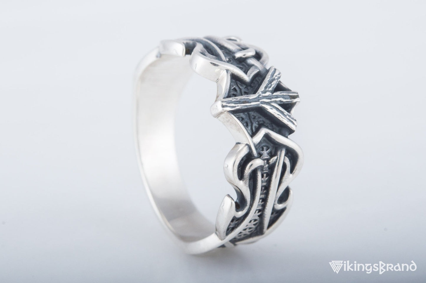 Vikings Ring with Algiz Rune and Norse Ornament Sterling Silver Viking Jewelry