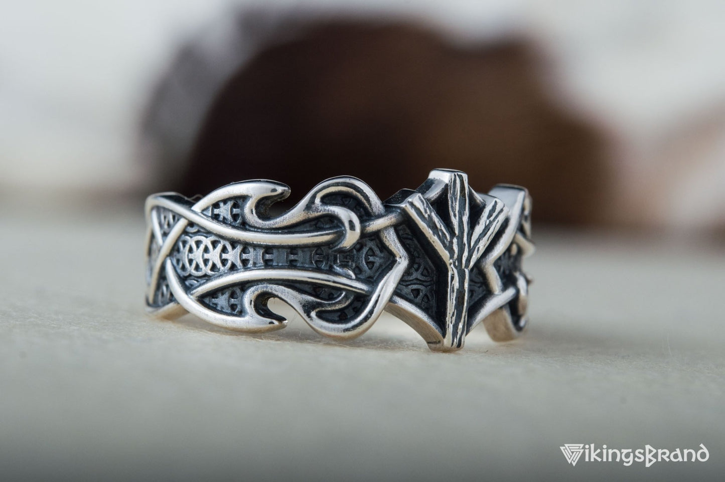 Vikings Ring with Algiz Rune and Norse Ornament Sterling Silver Viking Jewelry