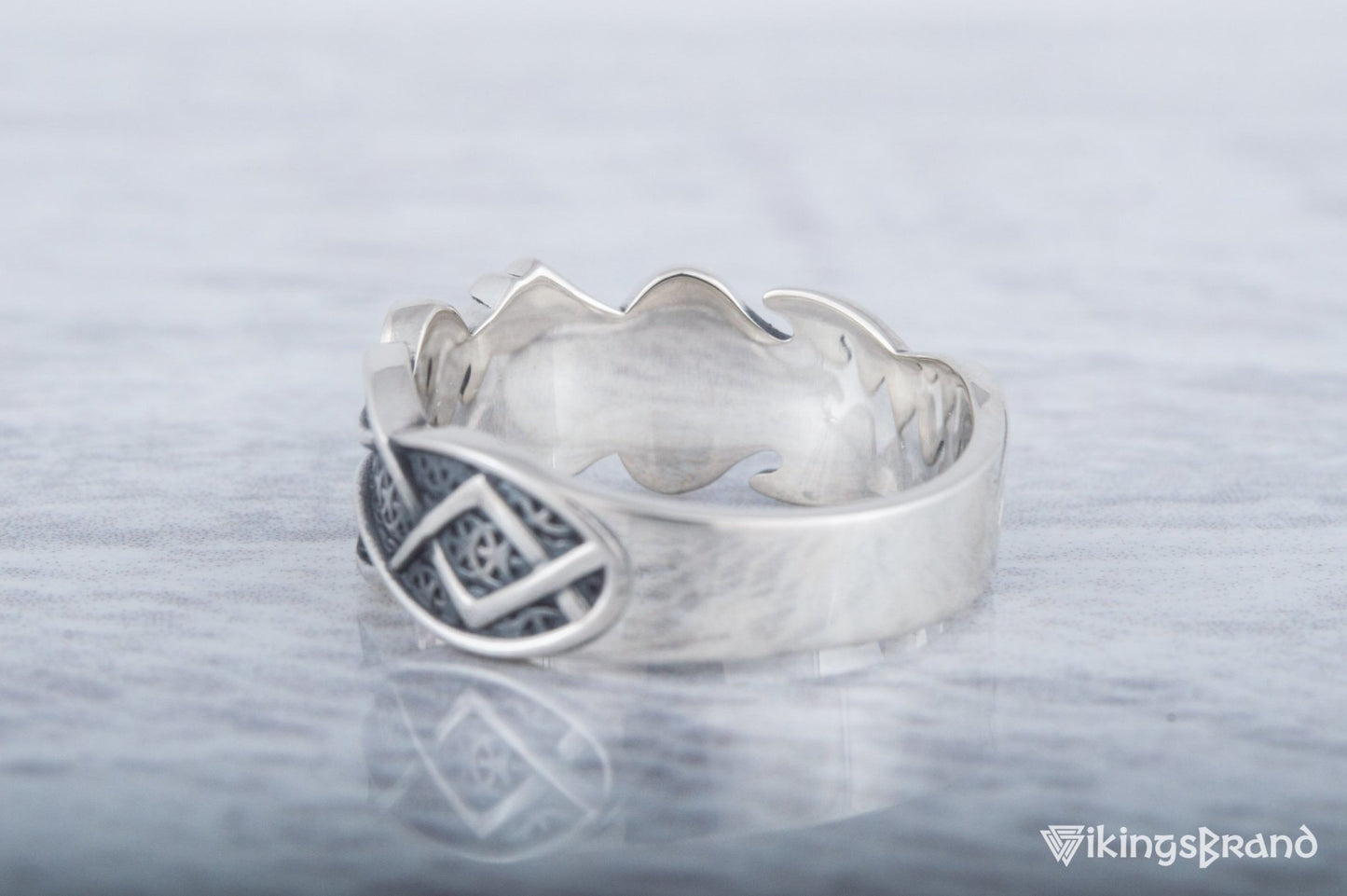 Vikings Ring with Algiz Rune and Norse Ornament Sterling Silver Viking Jewelry