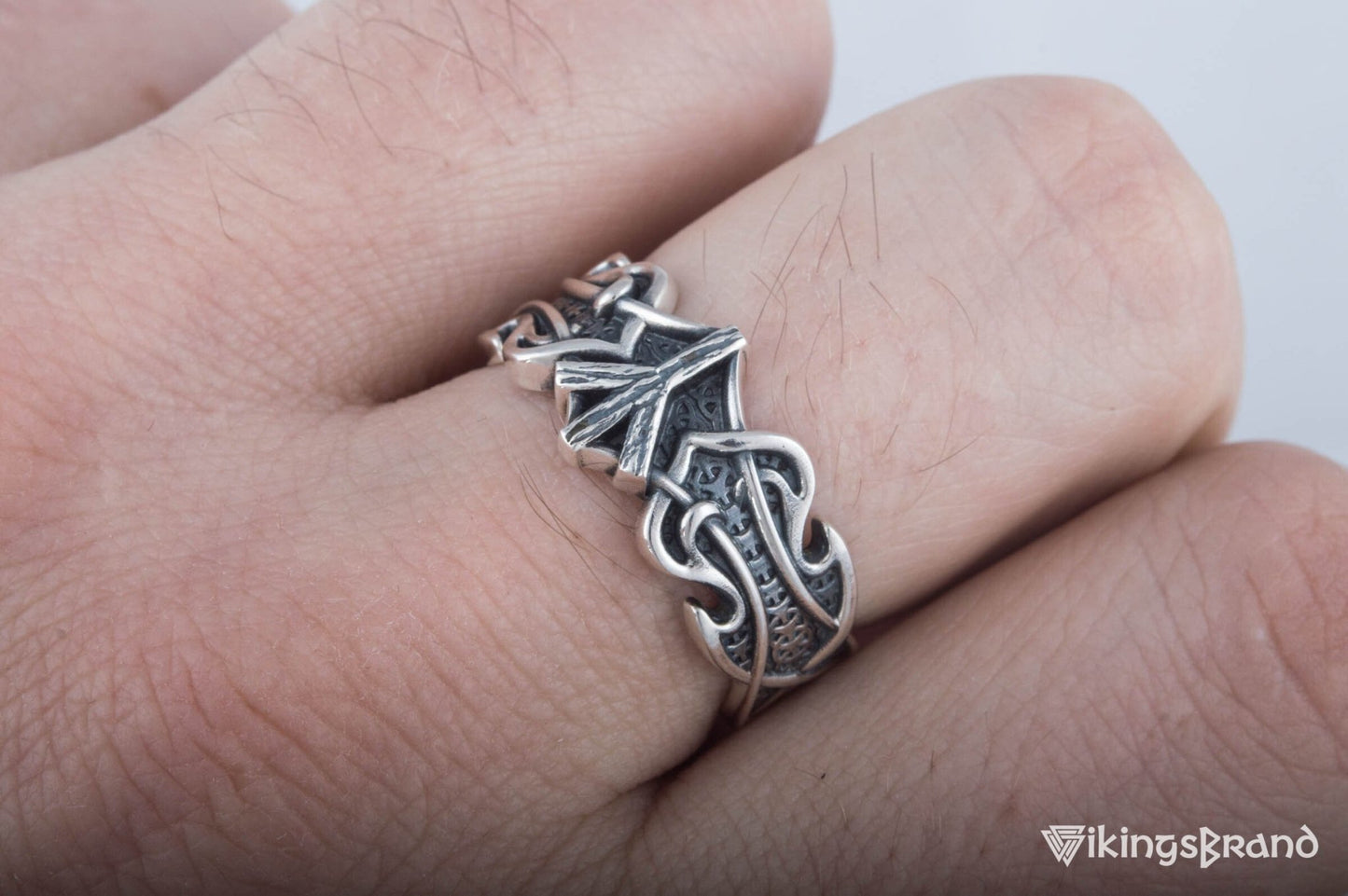 Vikings Ring with Algiz Rune and Norse Ornament Sterling Silver Viking Jewelry