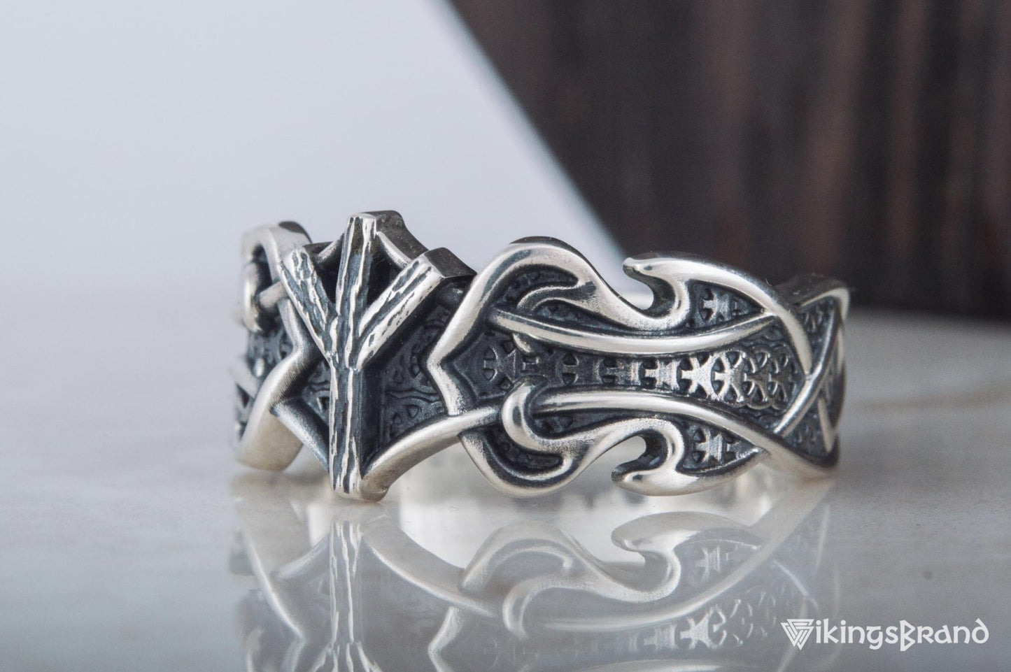 Vikings Ring with Algiz Rune and Norse Ornament Sterling Silver Viking Jewelry