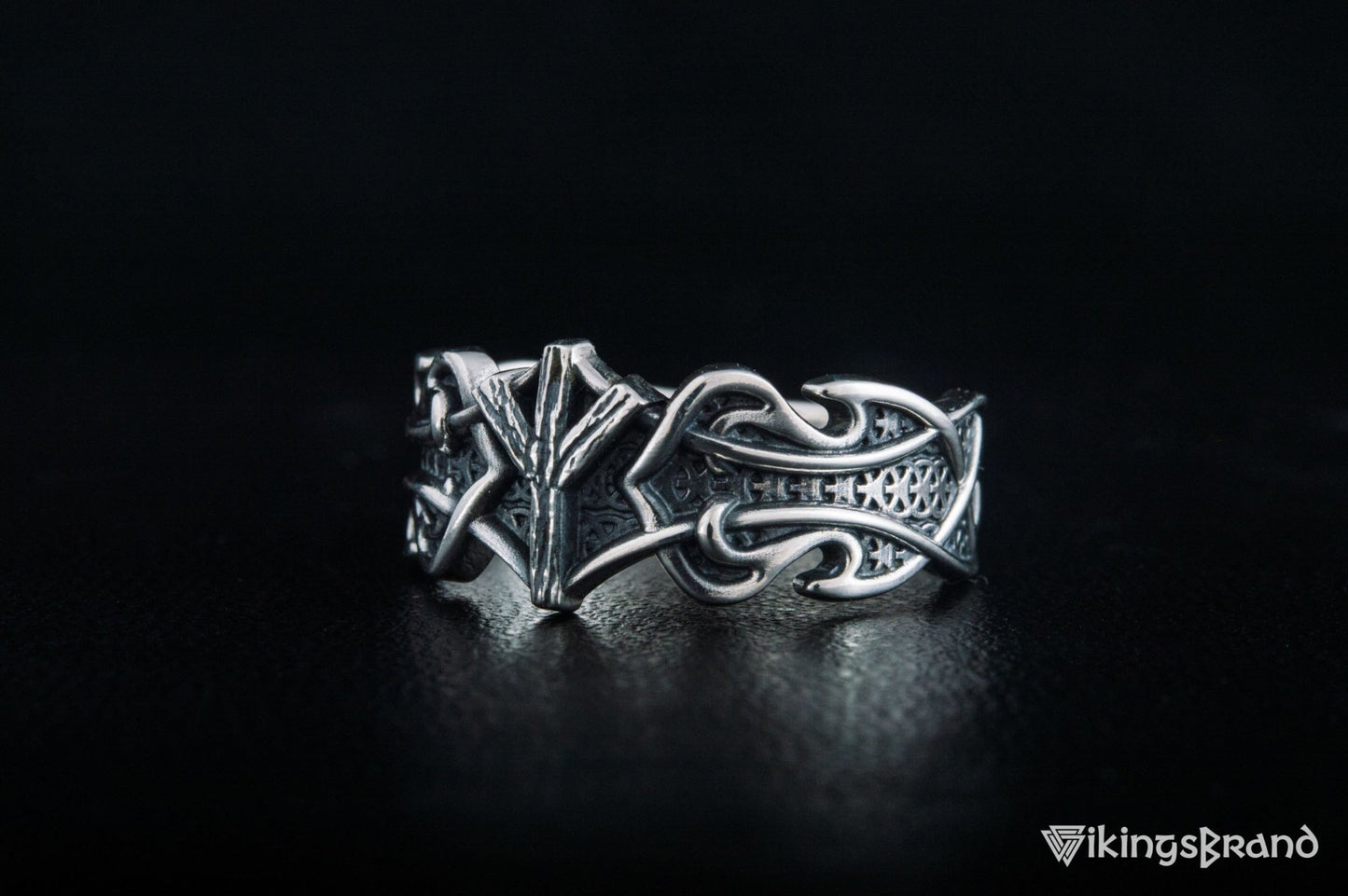 Vikings Ring with Algiz Rune and Norse Ornament Sterling Silver Viking Jewelry