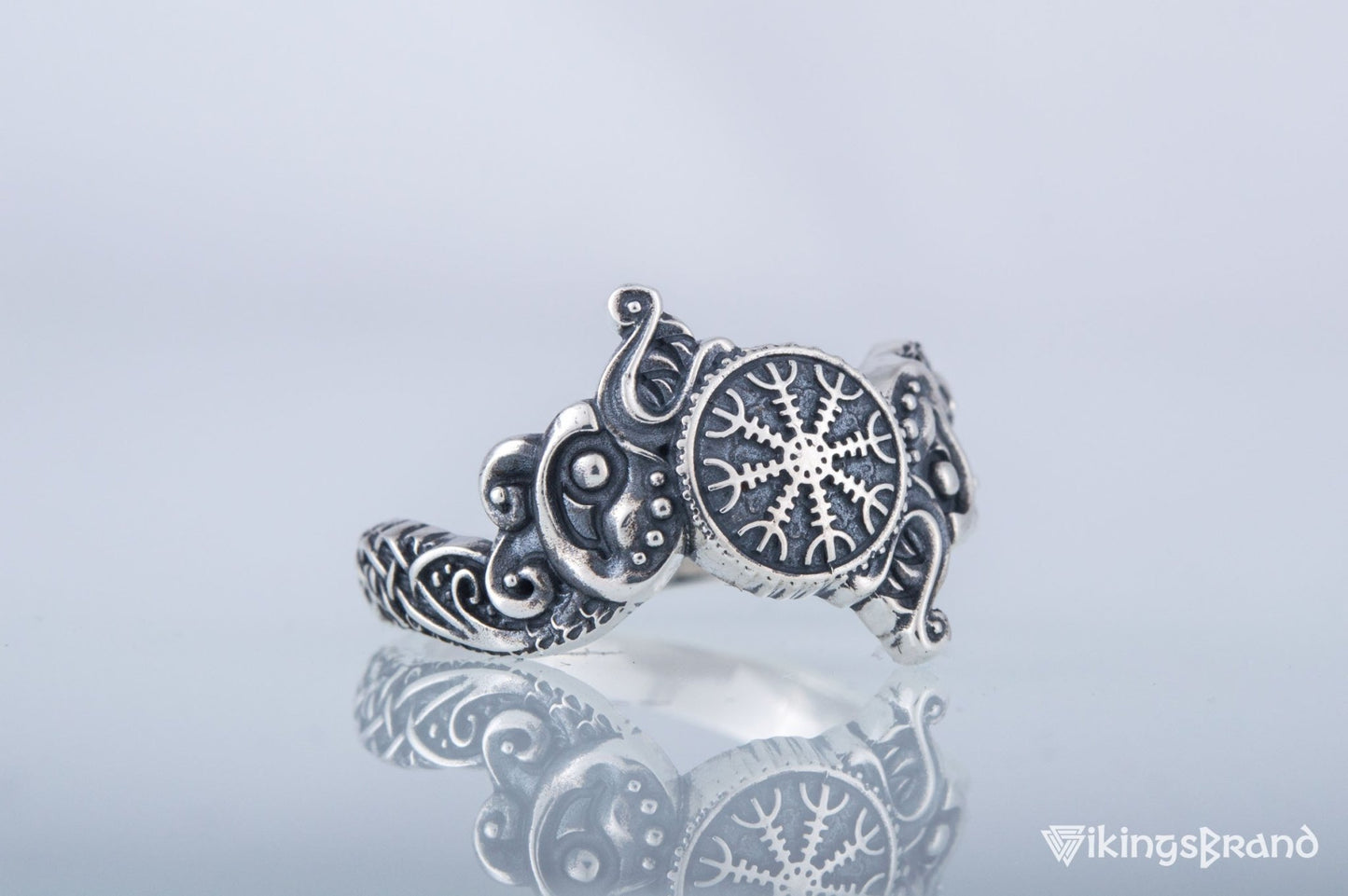 Vikings Ring with Helm of Awe Symbol and Wolf Ornament Sterling Silver Viking Jewelry