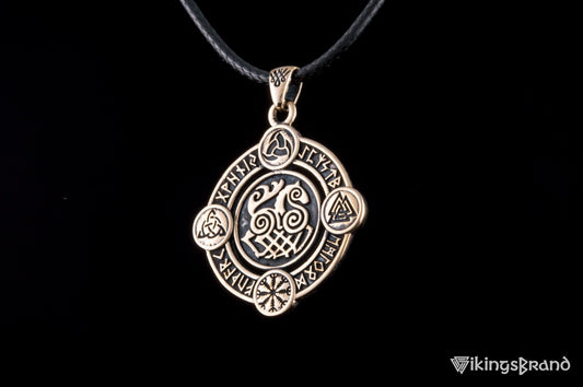 Sleipnir Pendant with Norse Symbols – Bronze & Sterling Silver