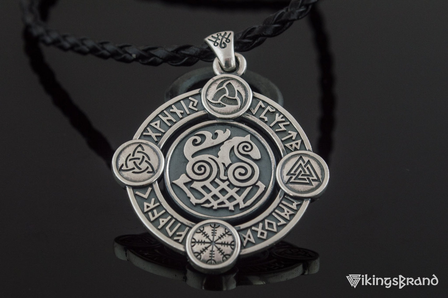 Vikings Sleipnir Pendant with Norse Symbols Sterling Silver Viking Jewelry