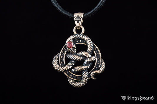Norse Serpent Pendant with Runes and Red Cubic Zirconia