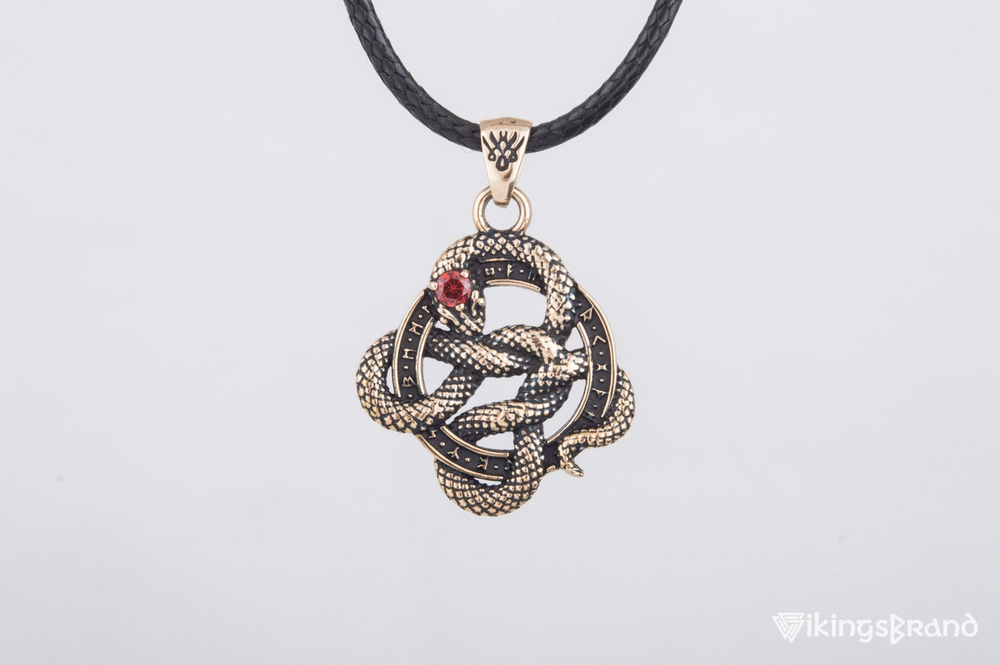 Vikings Snake Pendant with Runes and Red Cubic Zirconia Bronze Norse Jewelry