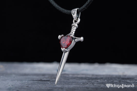 Sterling Silver Viking Sword Pendant with Red Cubic Zirconia