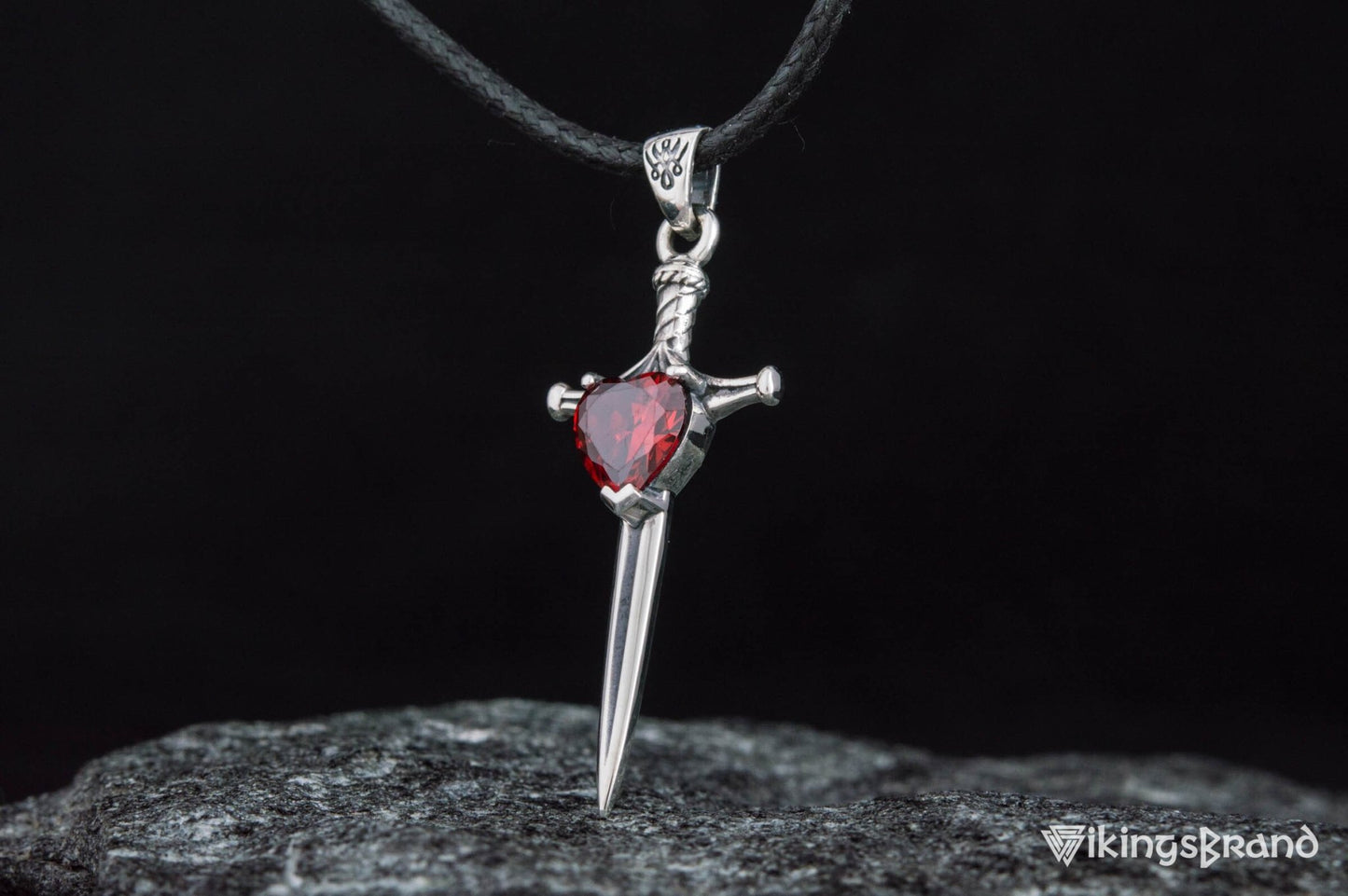 Vikings Stiletto Sword Pendant with Red Cubic Zirconia Sterling Silver Handmade Jewelry