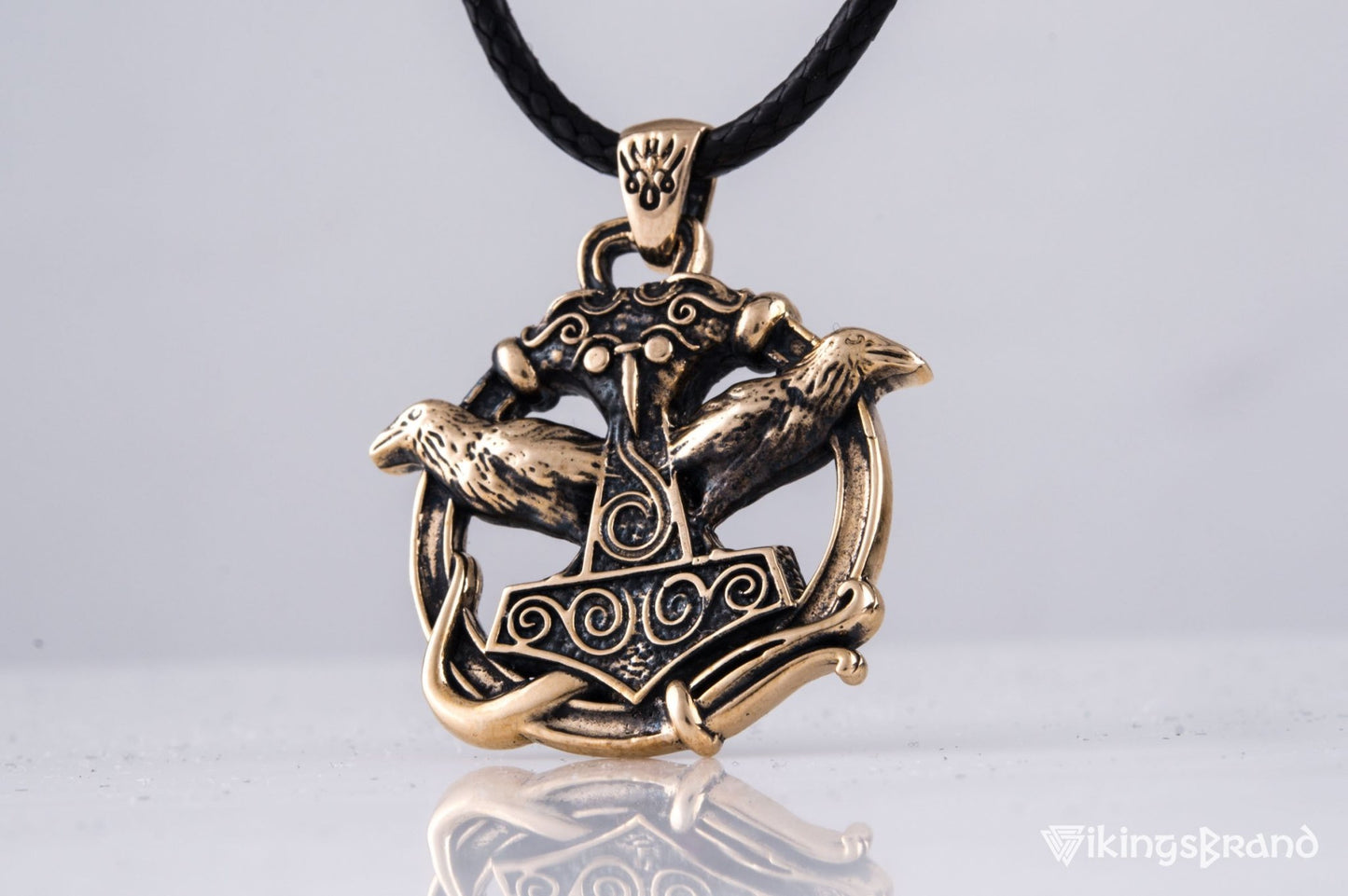 Vikings Thors Hammer with Ravens Pendant Bronze Handcrafted Jewelry