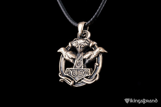 Thor's Hammer Pendant with Ravens, Bronze or 925 Silver