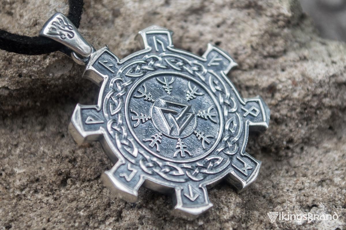 Vikings Valknut Symbol with Viking Ornament Pendant Sterling Silver Unique Jewelry